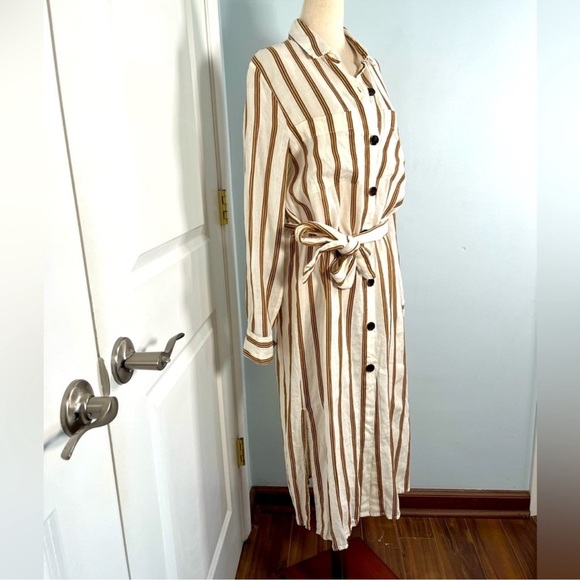 Zara linen blend striped midi dress SZ XS belted button down shirt dress summe - Picture 5 of 8